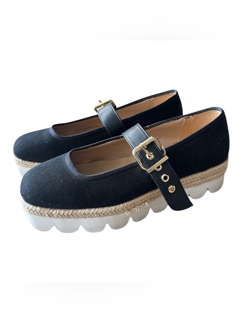 SILENT D Black Mary Jane Platform Espadrille Flats with Gold Buckle Size 7